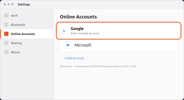 Ubuntu Settings Online Accounts panel with Google listed as an account provider