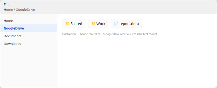 Files app on Ubuntu showing the GoogleDrive folder after an rclone mount