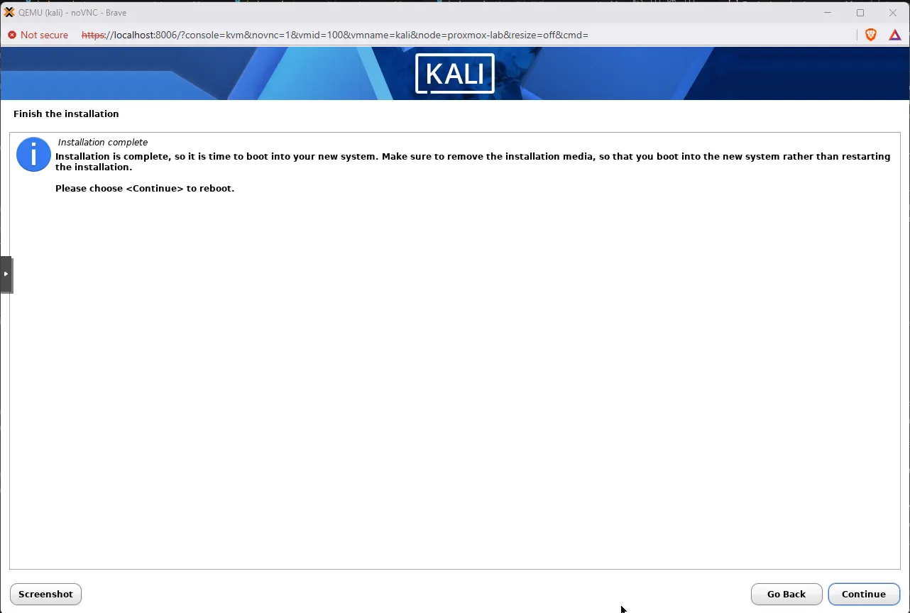 Kali installer Finish the installation screen showing Installation complete and a reminder to remove the installation media