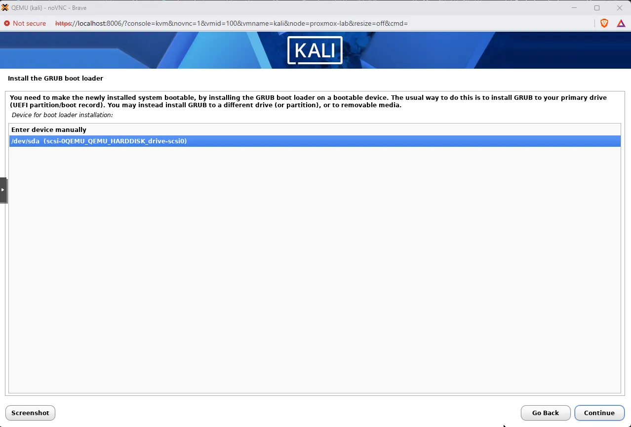 Kali installer GRUB boot loader device selection with /dev/sda scsi-0QEMU_QEMU_HARDDISK_drive-scsi0 selected