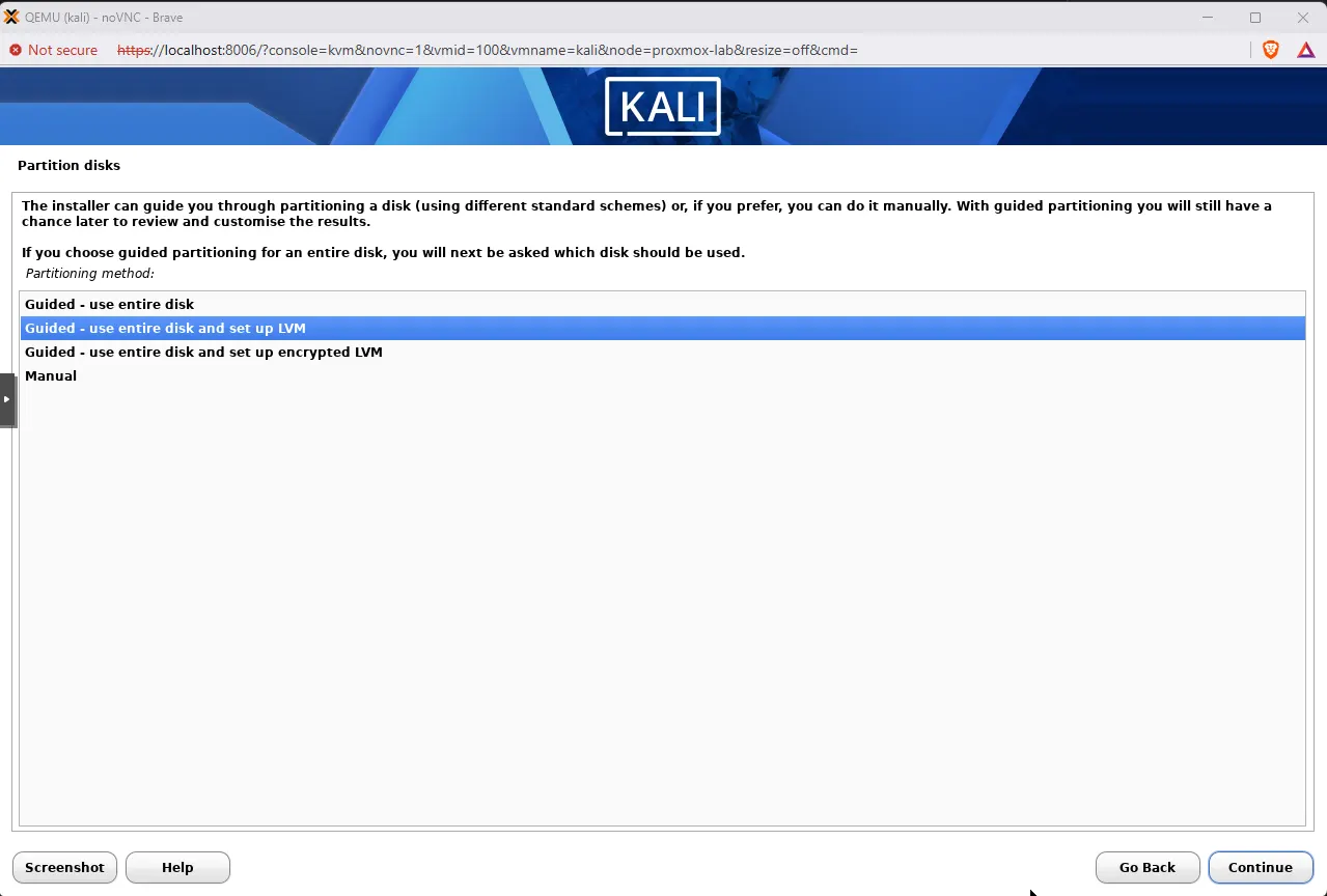 Kali installer Partition disks screen showing partitioning methods with Guided use entire disk and set up LVM selected