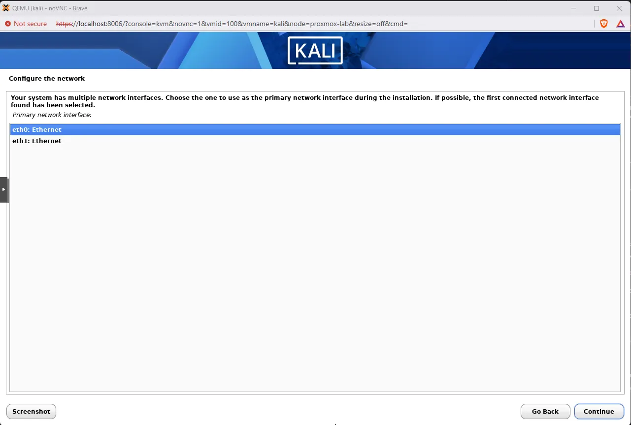 Kali installer Configure the network screen listing eth0 Ethernet and eth1 Ethernet with eth0 selected as the primary network interface