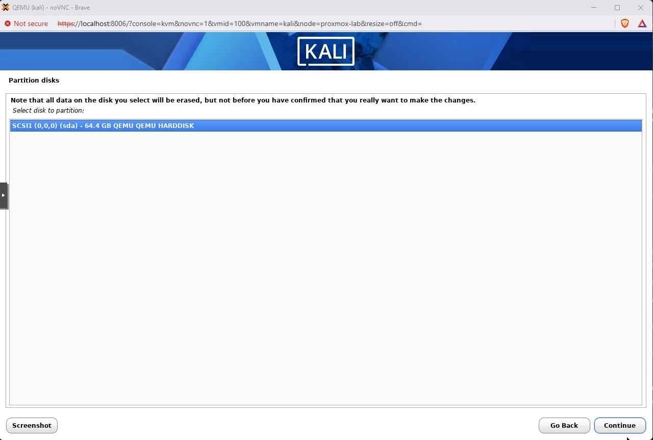 Kali installer disk selection screen showing a single SCSI1 (0,0,0) sda 64.4 GB QEMU HARDDISK entry