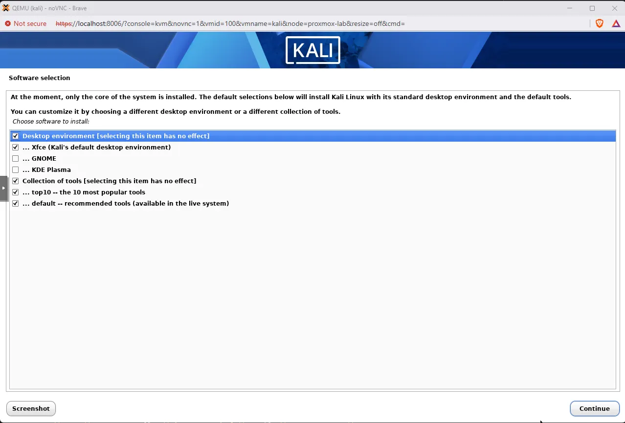 Kali installer Software selection screen with Xfce desktop, top10 tools, and default tools checked