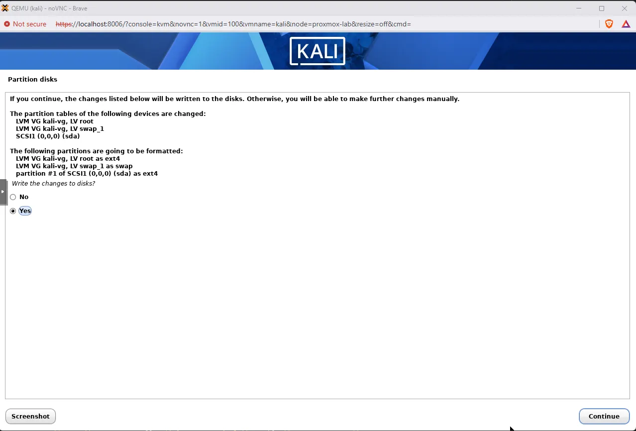 Kali installer final partition summary listing LVM VG kali-vg with LV root and LV swap_1 to be formatted as ext4 and swap