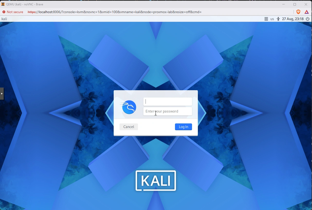 Kali Linux graphical login screen after first boot with the kali hostname shown in the top bar