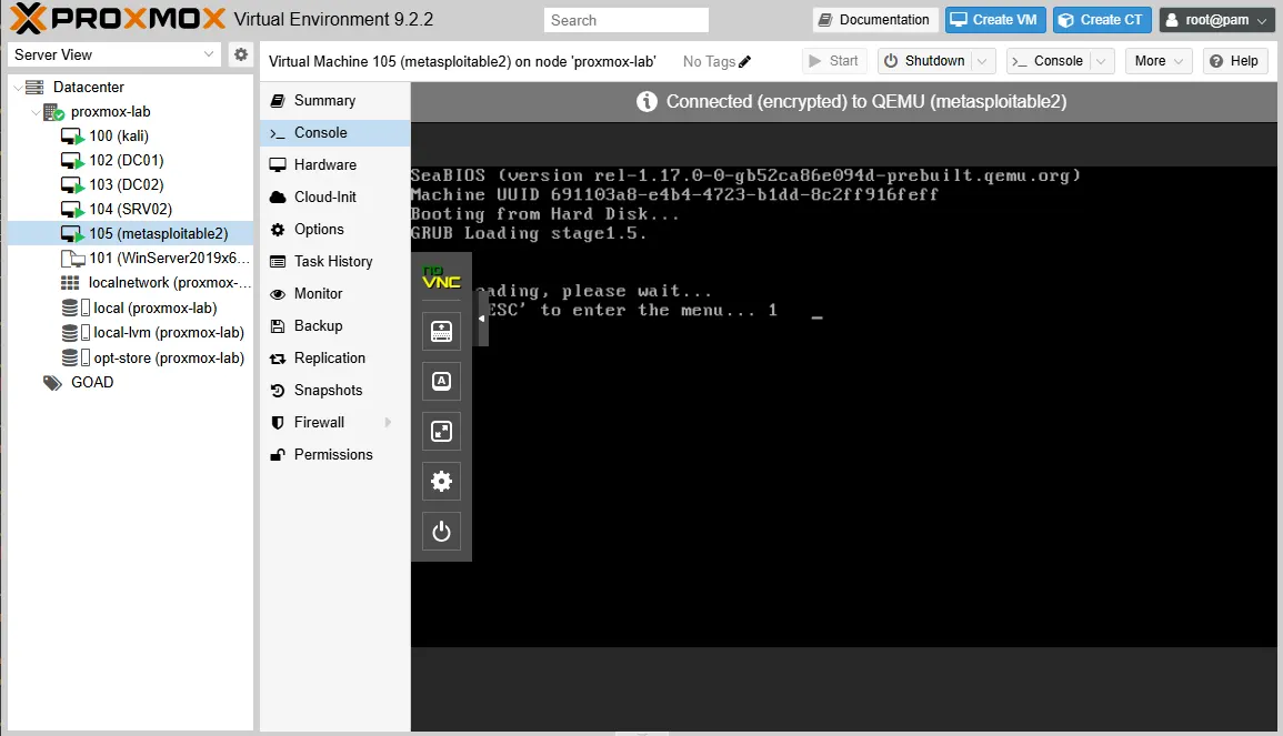Proxmox console for VM 105 metasploitable2 on proxmox-lab showing SeaBIOS and GRUB loading after qm start