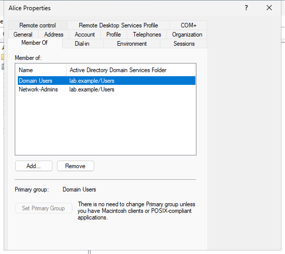 Alice Properties on the Member Of tab, listing Network-Admins next to Domain Users