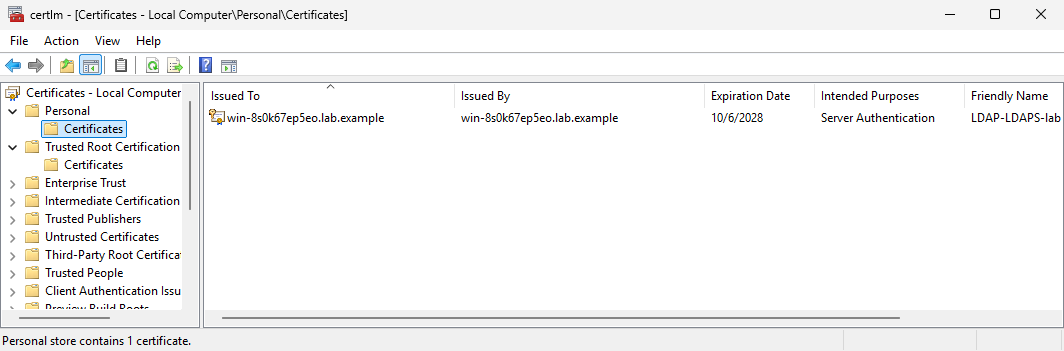 certlm Personal certificates for the local computer, showing the domain controller certificate with Server Authentication
