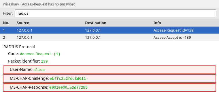 Wireshark Access-Request id 139 expanded to User-Name alice, MS-CHAP-Challenge, and MS-CHAP-Response