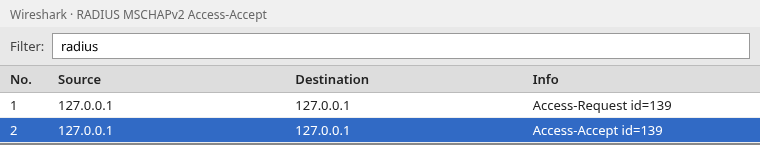 Wireshark with display filter radius showing Access-Request id 139 from 127.0.0.1 followed by Access-Accept id 139