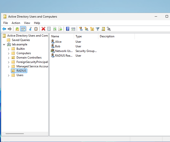 Active Directory Users and Computers with the RADIUS OU selected, listing Alice, Bob, Network-Users, and RADIUS Reader