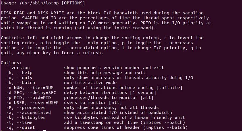 output displayed by iotop -h command
