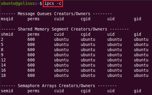 ipcs command to show creator and owner