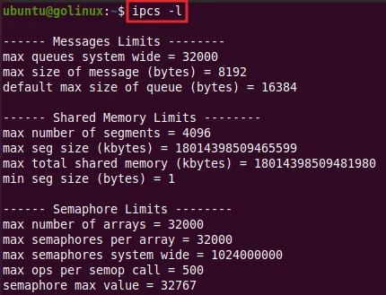ipcs command to show resource limits