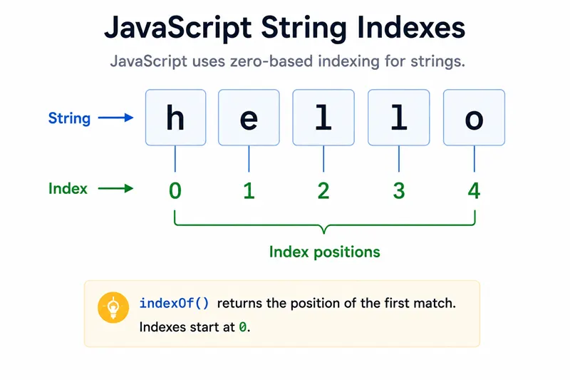 Diagram: the string "hello" with character indexes 0 through 4 under each letter for zero-based indexOf