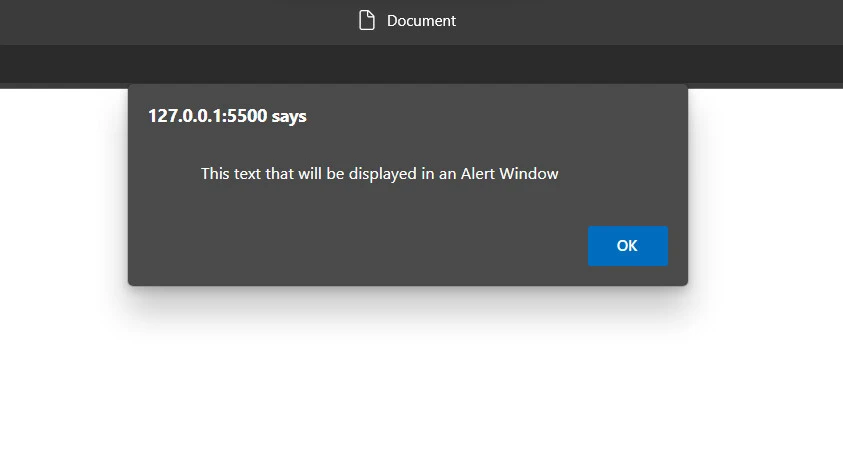The browser with an alert window that has the "This text that will be displayed in an Alert Window" text