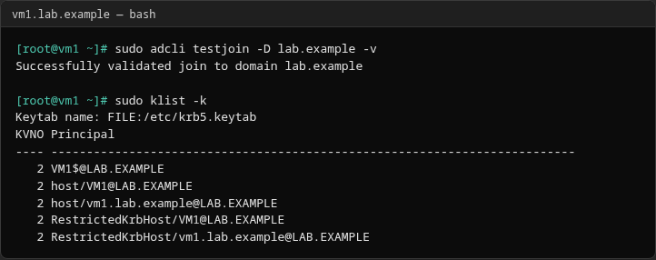 Terminal showing adcli testjoin success and krb5 keytab principals after adcli join