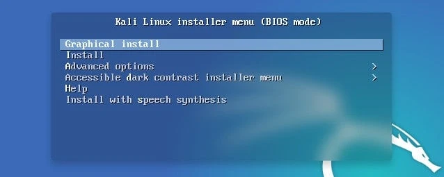 Kali Linux installer menu in BIOS mode with Graphical install selected at the top of the list