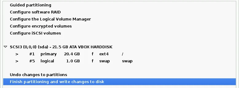 Kali installer partition summary showing sda with a 20.4 GB ext4 root partition and a 1 GB swap partition, with Finish partitioning and write changes to disk selected