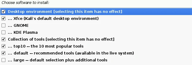 Kali Linux software selection screen with the Xfce desktop environment and the default recommended tool collection checked