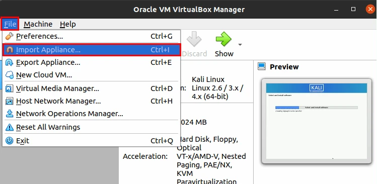 VirtualBox File menu opened with Import Appliance highlighted