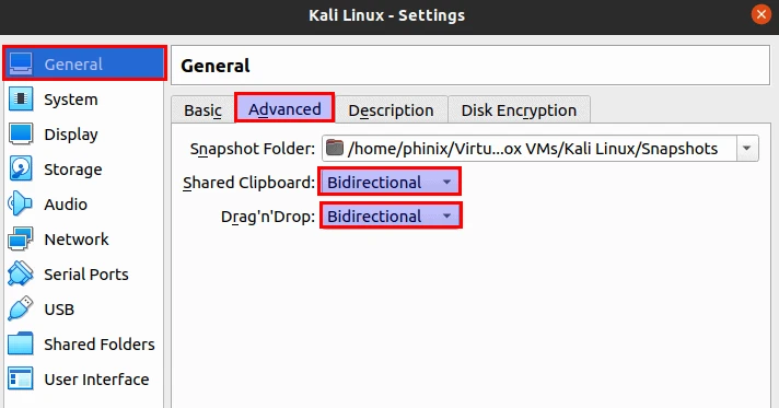 Kali Linux VM settings, General then Advanced tab, with Shared Clipboard and Drag'n'Drop both set to Bidirectional