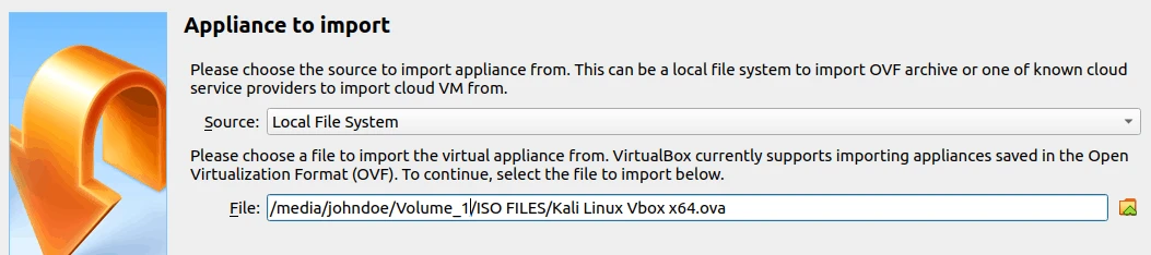 VirtualBox Appliance to import step with Source set to Local File System and the Kali Linux Vbox x64.ova file selected
