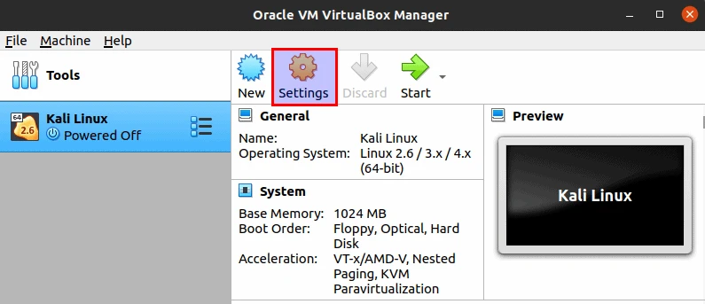 VirtualBox Manager showing the powered off Kali Linux VM with the Settings button highlighted