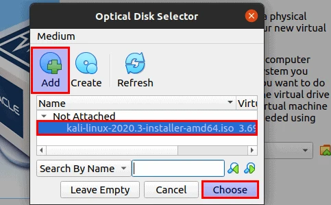 VirtualBox Optical Disk Selector listing kali-linux-2020.3-installer-amd64.iso under Not Attached with the Add and Choose buttons highlighted