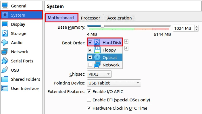 System then Motherboard tab of the Kali VM settings with Hard Disk moved to the top of the boot order