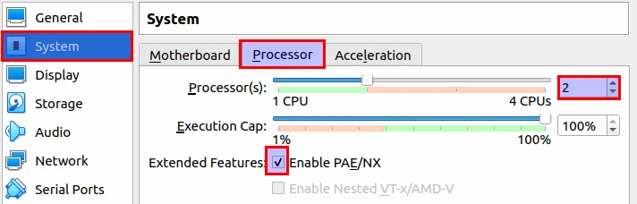 System then Processor tab with 2 processors assigned and Enable PAE/NX checked under Extended Features