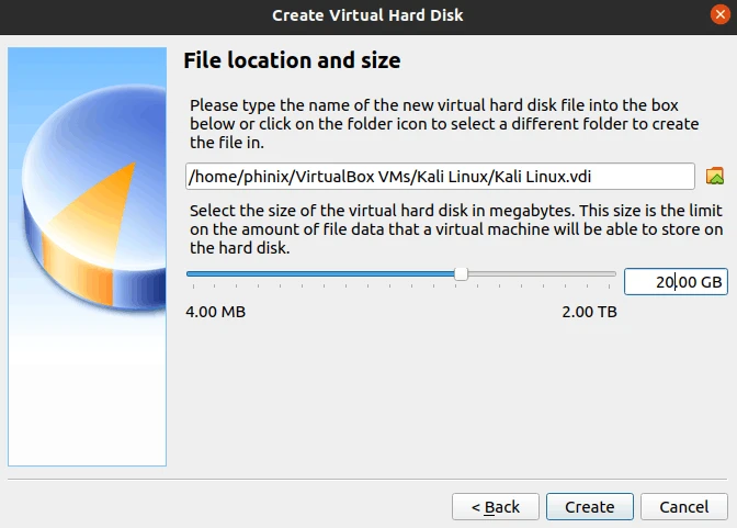 VirtualBox Create Virtual Hard Disk file location and size step with Kali Linux.vdi and a 20.00 GB disk size