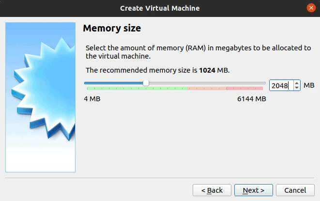 VirtualBox Memory size step with 2048 MB allocated against a recommended 1024 MB