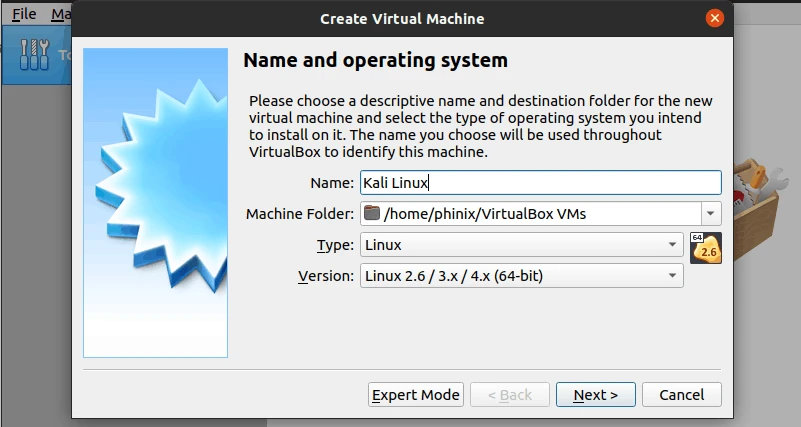 VirtualBox Create Virtual Machine wizard with Name set to Kali Linux, Type Linux and Version Linux 2.6 / 3.x / 4.x (64-bit)