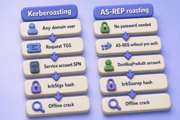 Kerberoasting vs AS-REP roasting flow — domain user requests TGS for SPN accounts versus no-password AS-REQ for DontReqPreAuth accounts