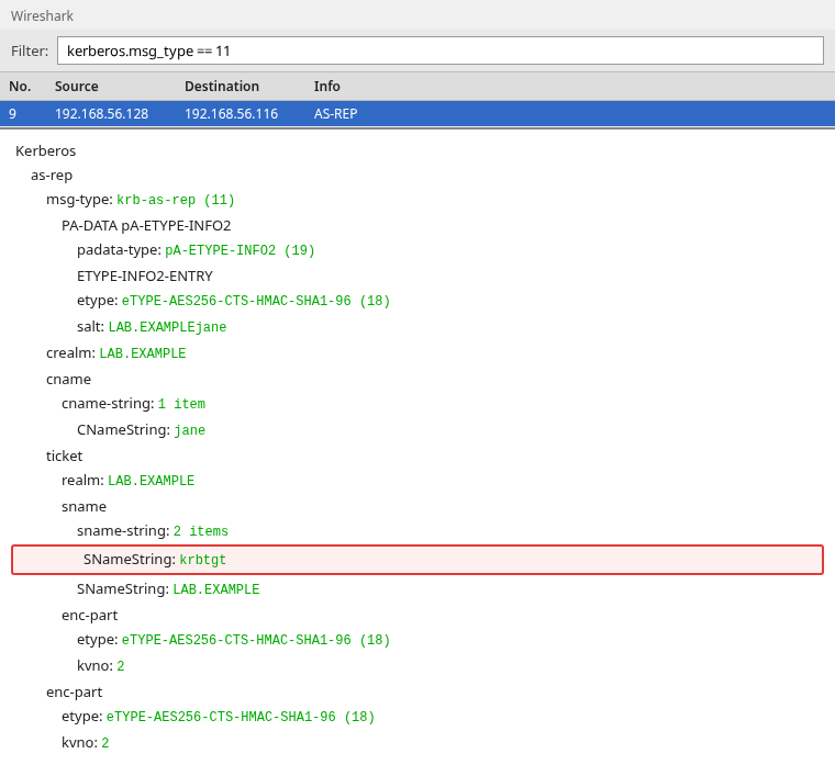 Wireshark AS-REP whose ticket names krbtgt/LAB.EXAMPLE and is encrypted with kvno 2