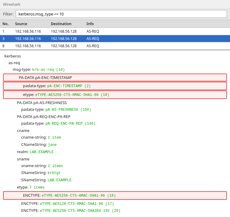 Wireshark AS-REQ containing PA-ENC-TIMESTAMP encrypted with AES256