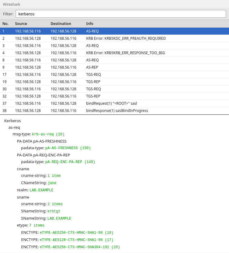 Wireshark AS-REQ for jane requesting krbtgt/LAB.EXAMPLE with no PA-ENC-TIMESTAMP