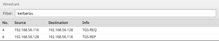 Wireshark list showing only TGS-REQ and TGS-REP when a TGT is already cached