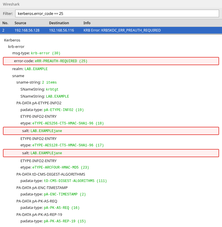 Wireshark KRB5KDC_ERR_PREAUTH_REQUIRED with ETYPE-INFO2 salt LAB.EXAMPLEjane