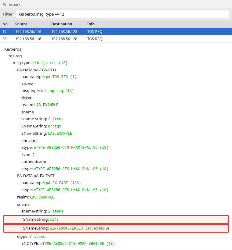 Wireshark TGS-REQ whose request body asks for cifs/WIN-8S0K67EP5EO.lab.example