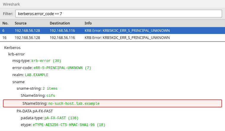 Wireshark KRB5KDC_ERR_S_PRINCIPAL_UNKNOWN for cifs/no-such-host.lab.example