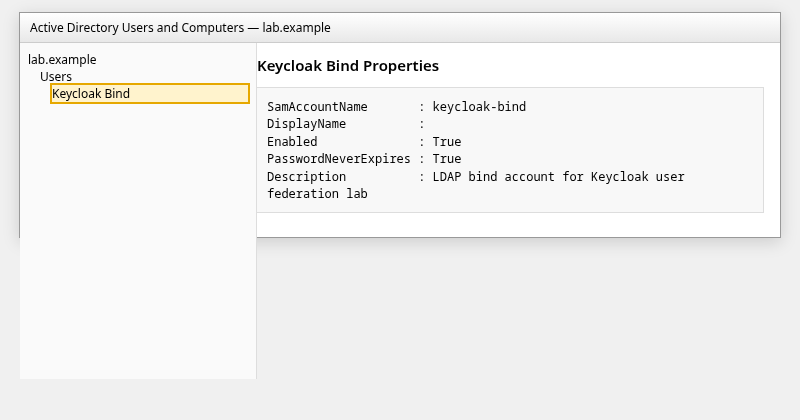 Active Directory properties for the keycloak-bind service account used for LDAP bind