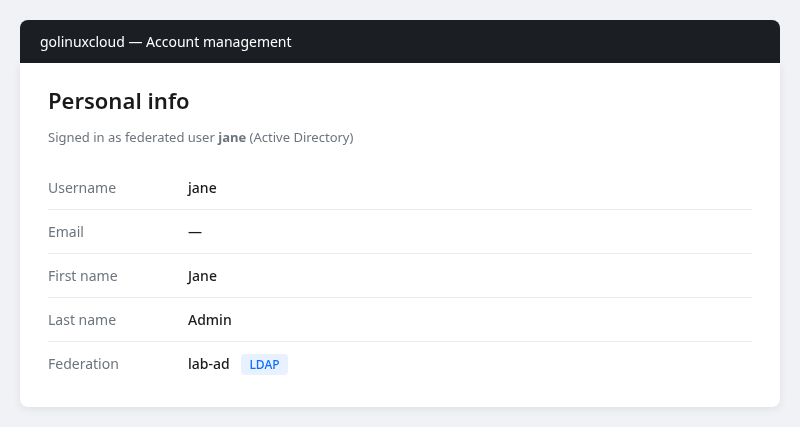 Keycloak Account Console personal info for federated AD user jane after successful sign-in