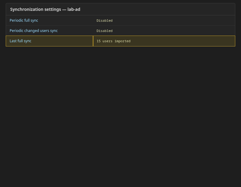 Keycloak synchronization settings showing 15 users imported after a full sync