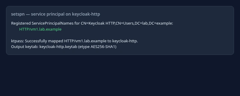 Registered HTTP SPN and ktpass output for keycloak-http on the AD domain controller