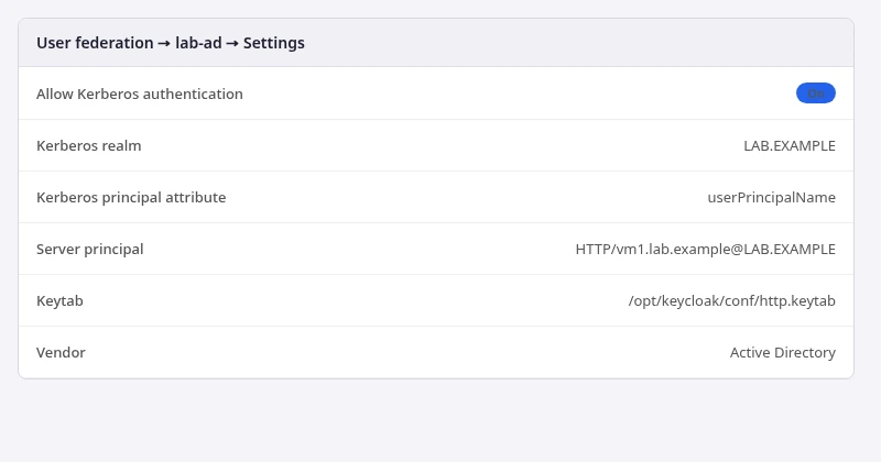 lab-ad provider with Allow Kerberos authentication enabled and realm LAB.EXAMPLE
