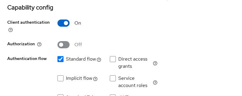 Keycloak orders-web Capability config with Client authentication on, Standard flow enabled, and Direct access grants off