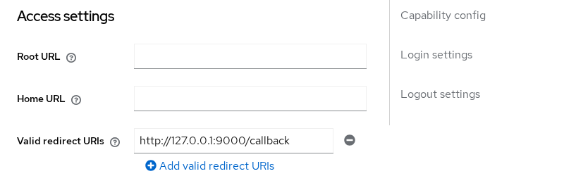 Keycloak orders-web Access settings showing Valid redirect URIs with http://127.0.0.1:9000/callback